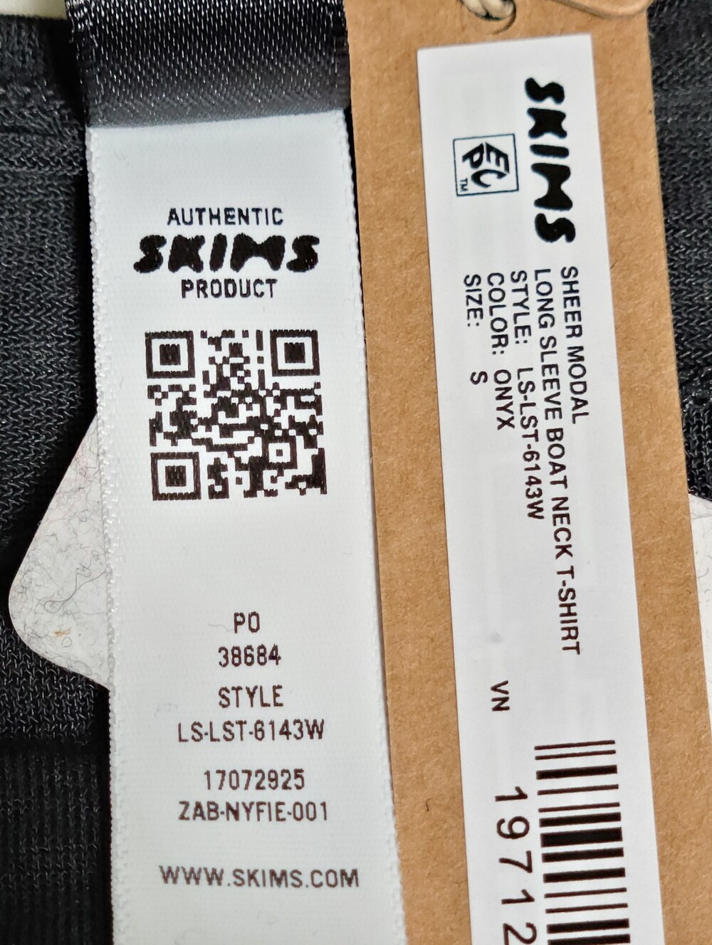 SKIMS Sheer Modal Long Sleeve Boat Neck T Shirt Black Onyx Small NEW - Picture 4 of 5